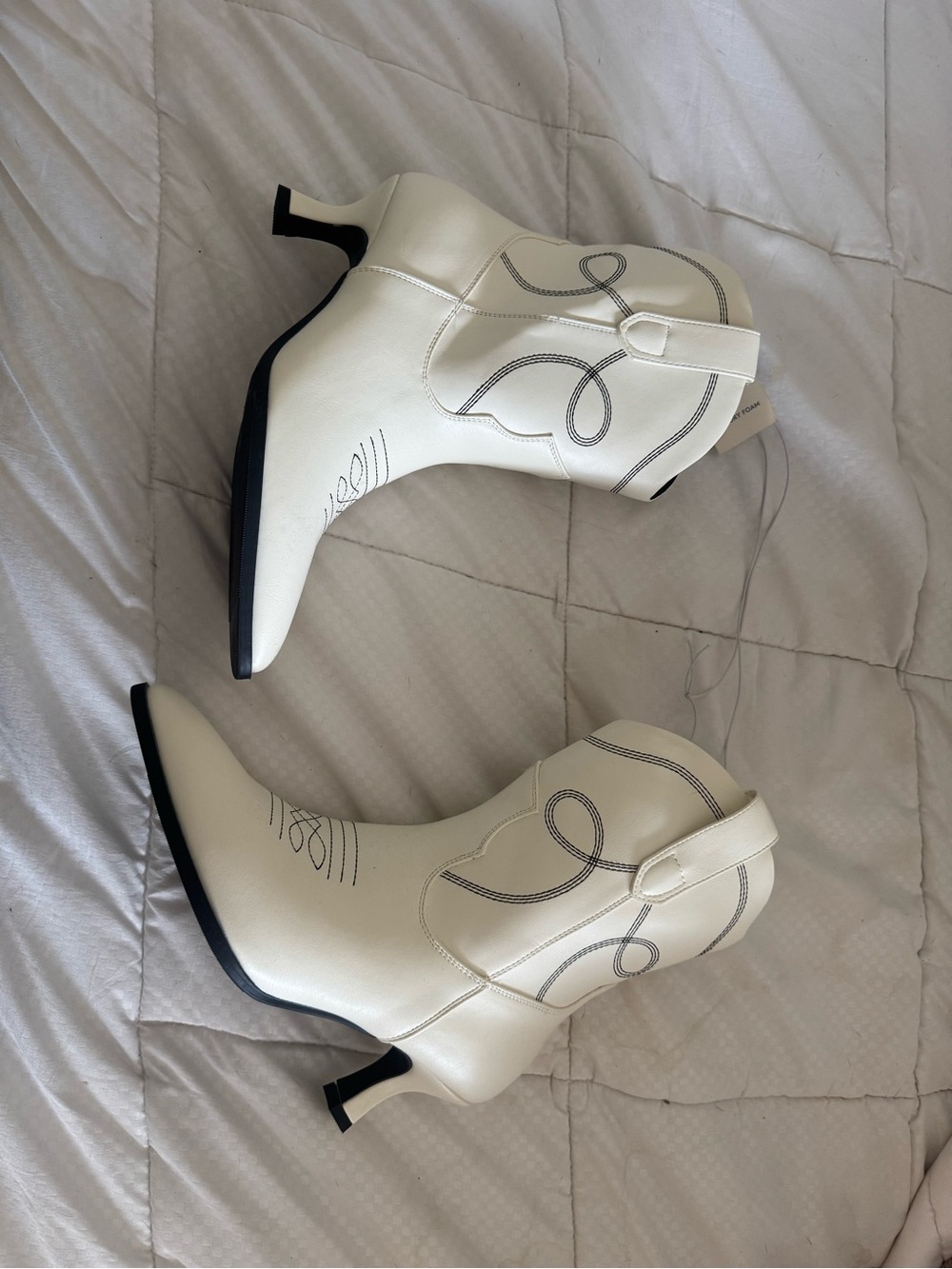 Cream Western-Style Ankle Boots with Decorative Stitching